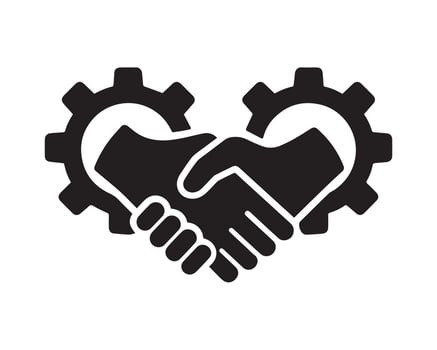 Two gears forming a heart shape with a handshake inside silhouette vector