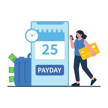 Woman smiling while receiving a payday notification on her phone, holding credit card and walking. vector