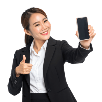 Confident businesswoman is showcasing her smartphone with smile and thumbs up gesture, embodying positivity and professionalism png
