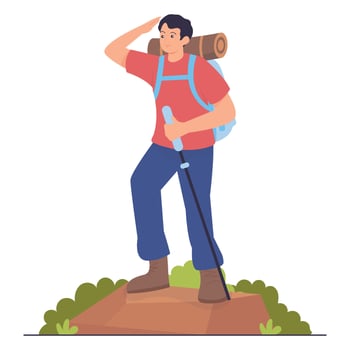 A man with a backpack and hiking stick looking into the distance on a nature trail. vector