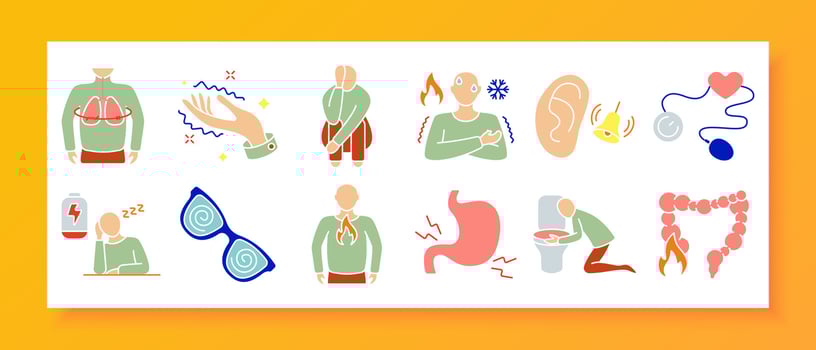 Internal symptoms set icon. Stomach pain, nausea, dizziness, heart rate, skin heat, shaky hands, digestive issues, visual disturbance, chest tightness, and body-based sensory stress visuals. vector