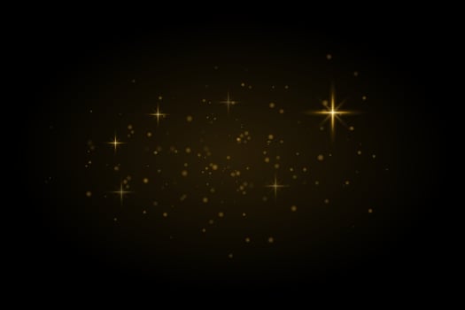 yellow sparkling particles with glowing star flares on dark background. Cold light effect with dreamy fantasy feel. vector
