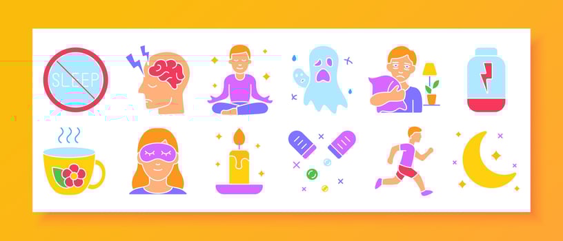 Sleep problems set icon. Insomnia, nightmares, anxiety, tea, candles, eye masks, disturbed brain, restless night, calm poses, sleeping pills, tired running, moon symbols, and beds. vector