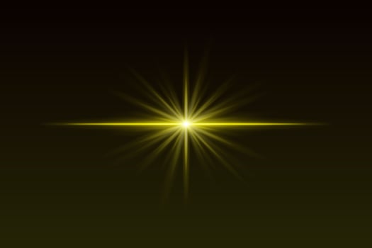 Yellow starburst light with sharp rays and glow effect. Radiating flare creates elegant highlight for spotlight, flash, or sparkle visuals. vector