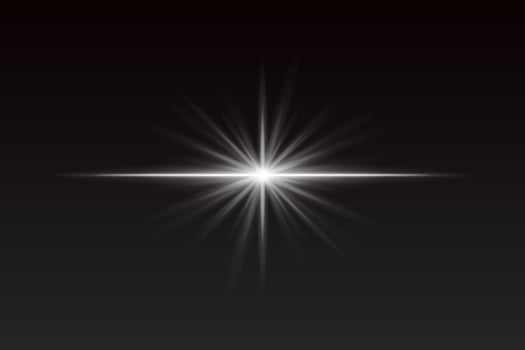 White starburst light with sharp rays and glow effect. Radiating flare creates elegant highlight for spotlight, flash, or sparkle visuals. vector