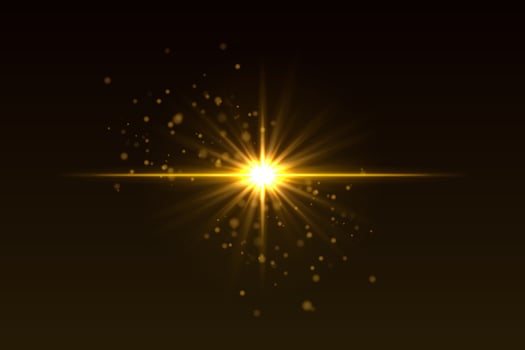 Bright yellow flash with scattered glow particles. Star-shaped burst with soft shimmer creates magical light effect. vector