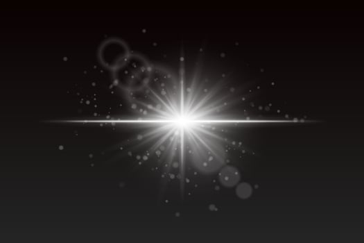 Radiating white burst with glowing particles and lens reflections. Soft sparkle light for cinematic magic or special effects. vector