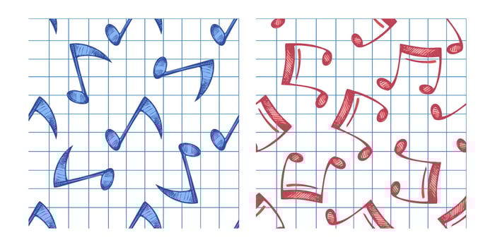 Hand-drawn sketch style music seamless patterns set. Musical note on grid background. vector