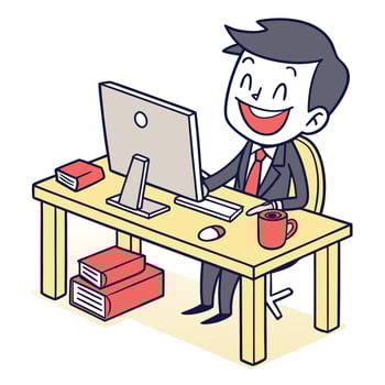 A cartoon man in a suit sitting at a desk with a computer vector