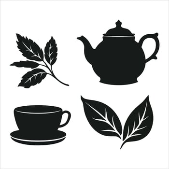 Black silhouette of tea leaves cup and saucer and teapot on white background vector