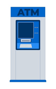 Modern automated teller machine front view 2D cartoon object. Standalone ATM cashpoint terminal with screen, keypad, card slots isolated element flat clip art on white. Spot illustration vector