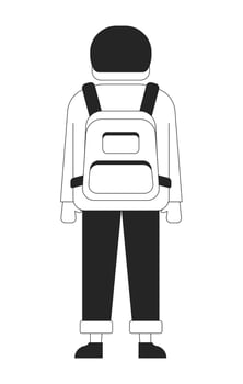 Back view boy standing with backpack 2D line character. Student with school bag. Young man traveler in everyday look isolated ink outline person faceless. Monochromatic spot illustration vector