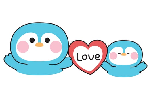 Cute mom penguin and baby hold big heart.Mother day.Love mom.Arctic,polar,north pole.Bird animal character cartoon design.Kawaii..Illustration. vector
