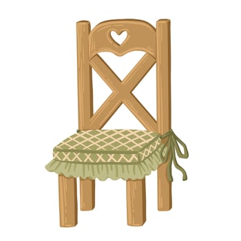 Kitchen wooden chair with green seat in rustic style. Hand drawn cartoon furniture piece with vintage cozy design. Perfect for book illustration, web decor, card and cottagecore interior art. vector