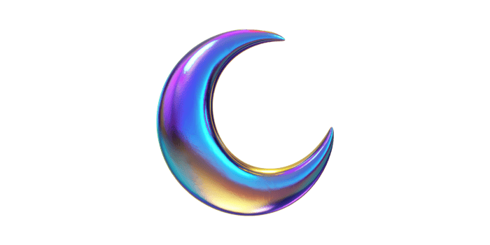 Iridescent crescent moon emblem featuring glossy surface on transparent background png