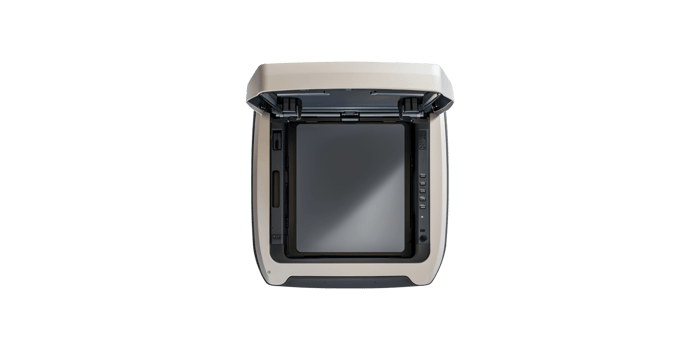 Top view of modern open scanner with lid raised isolated on transparent background png