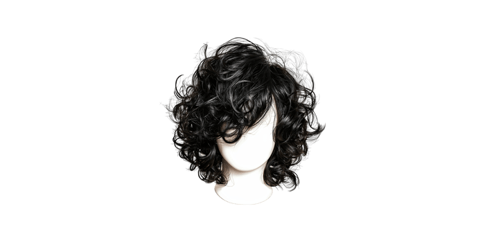 Curly black wig with messy style on mannequin head isolated on transparent background png