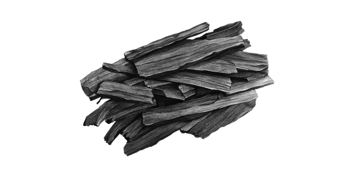 Black charcoal wood pieces for drawing and grilling isolated on transparent background png