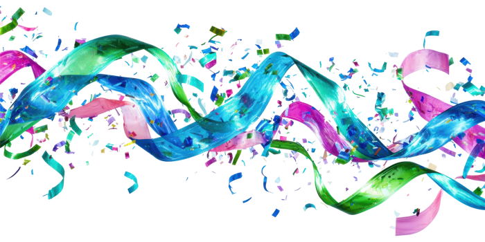 Colorful party ribbons and confetti curved in motion isolated on transparent background png