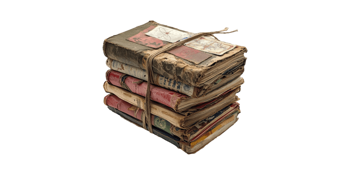 Vintage stack of worn old books tied with string isolated on transparent background png