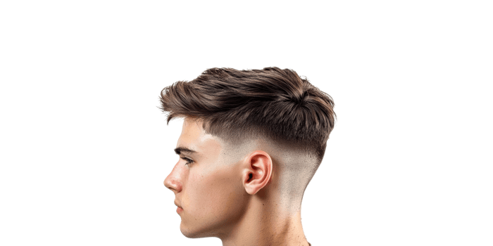 Side view of man's modern hairstyle featuring undercut isolated on transparent background png