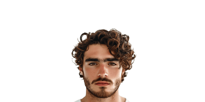 Close-up of young man with curly hair and beard, isolated on transparent background png