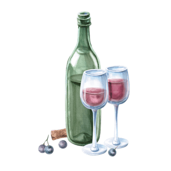 Composition of a bottle, two glasses of red wine and grapes. Isolated watercolor illustration for bar menu design, restaurant interior, printing on alcoholic beverages, printing on textiles. png