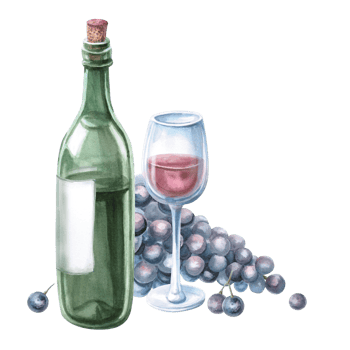 Glass of red wine, bottle and bunch of grapes. Isolated watercolor illustration for bar menu design, restaurant interior, printing on alcoholic beverages, printing on textiles. png