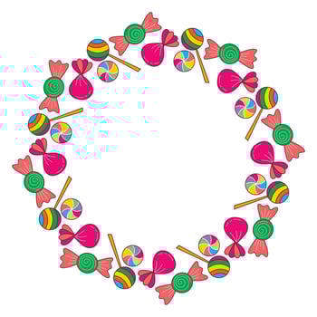 Bright round frame made of sweet lollipops, caramel and candies vector