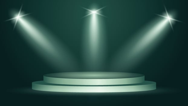 Modern green podium background illuminated by bright spotlights perfect for award ceremonies product showcases promotions and elegant presentation designs vector