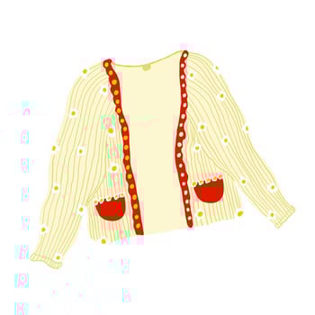 Cute knitted cardigan with buttons in soft yellow color with small stripes and white daisy, with pockets. Autumn and cozy warm cardigan. Hand-drawn flat cartoon illustration vector
