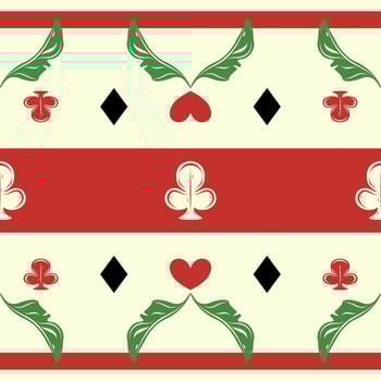 Retro band pattern with card suits and leaf flourishes. Red, black, and green tones evoke a vintage poker vibe with modern clarity on beige background. Wondering Spade Heart Diamond and Nature vector