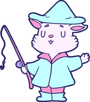 A cartoon cat in a hat and coat holding a fishing rod vector
