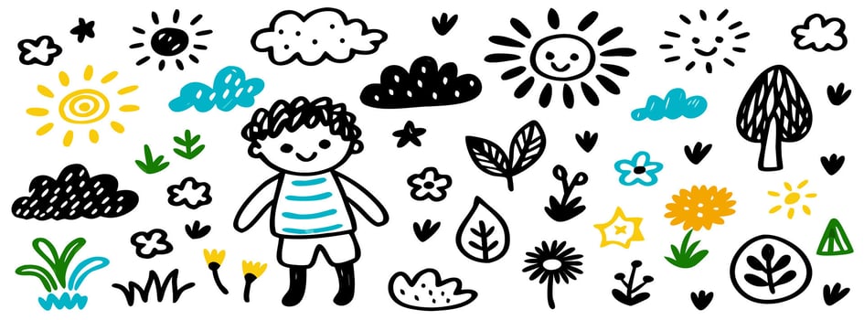 Cute Kid's Doodle Set Sun, Clouds, Boy, Flowers vector