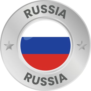 Russia flag in silver colored medal. National flag in metal circle emblem. vector