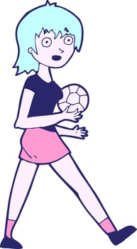 A cartoon girl with blue hair holding a soccer ball vector