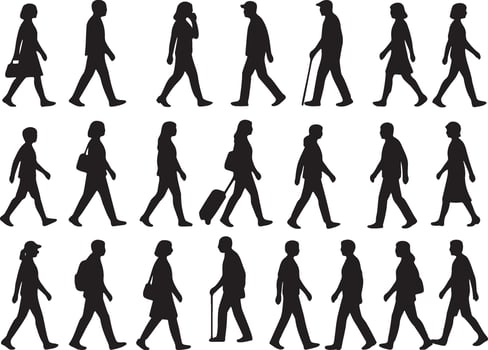 Diverse people walking silhouettes women vector