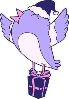 hand drawn line drawing of a bird wearing santa hat in bright neon color vector