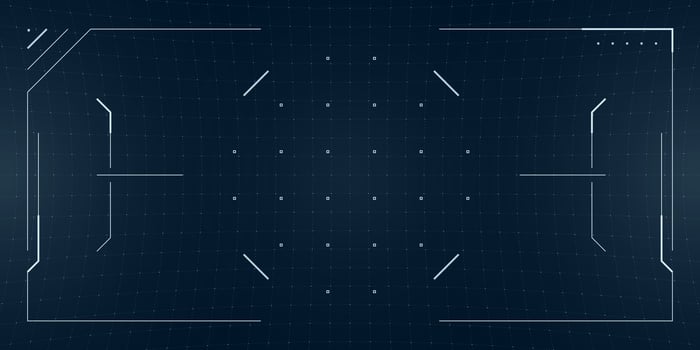 Futuristic game HUD with holographic scope and aim reticle over a VR blueprint. Glowing digital screen displays sci fi radar and grid layout in cyber style. vector
