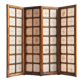 Rustic Japanese Shoji Room Divider with Wooden Frames and Textured Rice Paper on Transparent Background png