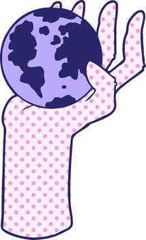 cartoon hand holding whole earth in bright neon color vector