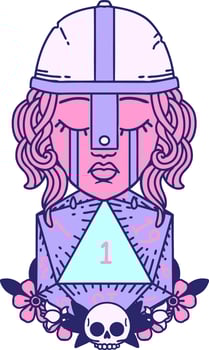 Retro Tattoo Style crying human fighter with natural one D20 roll in bright neon color vector
