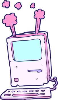 A cartoon computer with pink smoke coming out of it vector