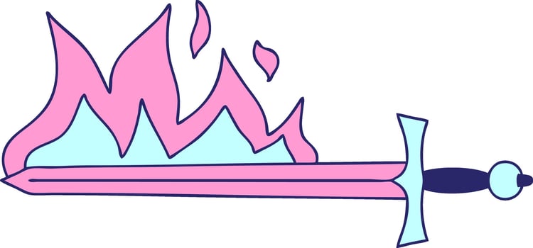 hand drawn quirky cartoon flaming sword in bright neon color vector