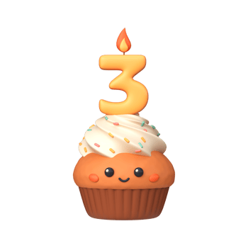Cute 3D birthday cupcake with candle and number 3 png