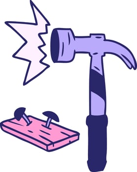 hand drawn cartoon doodle of a hammer and nails in bright neon color vector