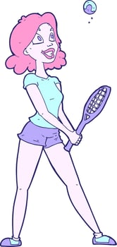 cartoon woman playing tennis in bright neon color vector