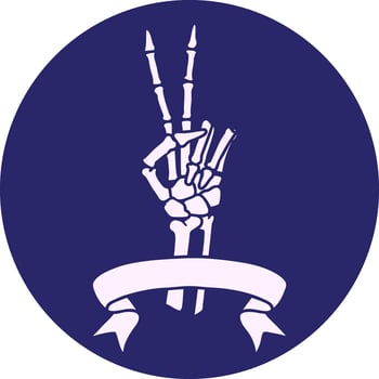 tattoo style icon with banner of a skeleton giving a peace sign in bright neon color vector