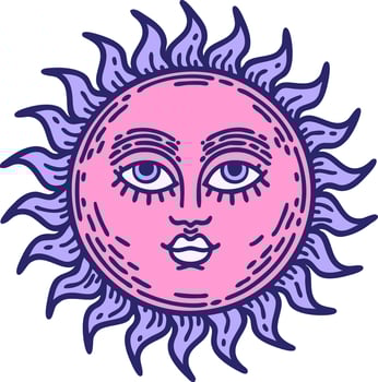 A sun with a face and eyes in a pink and purple color vector