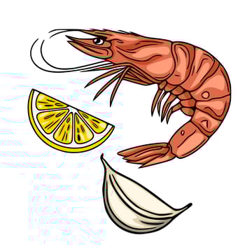 illustration of a grilled shrimp with lemon and garlic, showcasing a vibrant, handdrawn style perfect for food blogs, menus, or recipe websites. vector